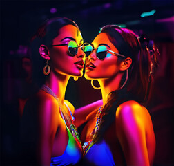 two women in a bar with drinks in a blue and purple light