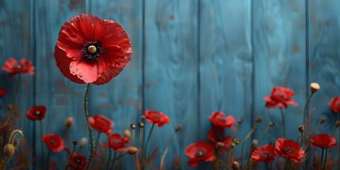 Closeup of a red poppy pin against a blue sky and wooden background symbolizing Remembrance Day. Concept Remembrance Day, Red Poppy Pin, Closeup Photography, Symbolism, Outdoor Photoshoot