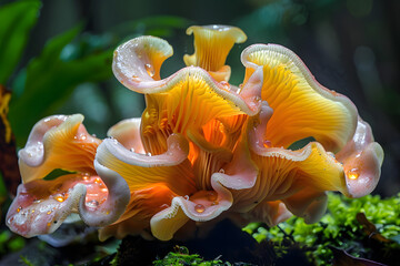 a cluster of tropical fungi growing on the forest floor