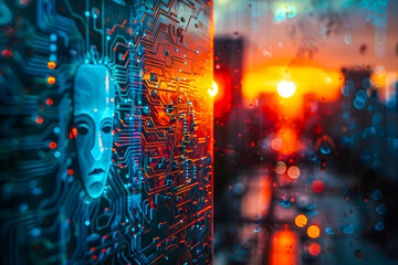 Le visage de l'intelligence artificielle contrôlant la ville - obrazy, fototapety, plakaty