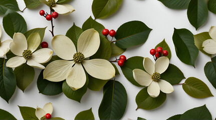 dogwood, leaves and berries isolated on white background.
