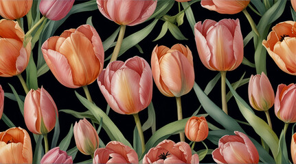 Delicate flowers, pink and peach tulips. Seamless floral border. A hand-drawn watercolor illustration. Save the date or greeting card for the menu, packaging design, wedding invitation .Generative AI