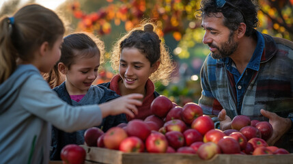 Fototapeta na wymiar Family Enjoying Apple Picking at Sunset in Autumn Orchard