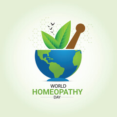 World Homeopathy Day. Green abstract background, the day is a celebration of both homeopathy and those who have been cured by homeopathy. Homeopathy Doctor Day, Homeopathy Day Creative Ideas. - obrazy, fototapety, plakaty