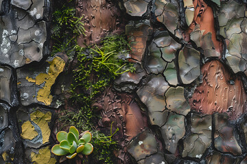 the textured surface of a tropical tree bark, where mosses, lichens, and epiphytes create a...
