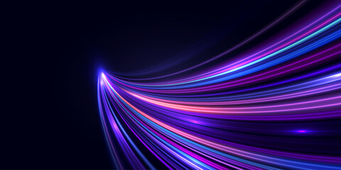 High-speed light trails effect. Abstract digital technology background. Futuristic high-tech innovation, connection, AI, communication, big data. Pattern for banner, website. Vector eps10.