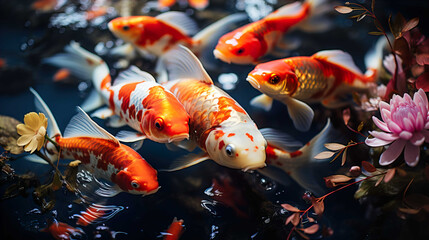 Obraz na płótnie Canvas a group of koi fish swimming in a large and clear pond, colorful, very beautiful, real, long-tailed and beautiful fish , Generate AI