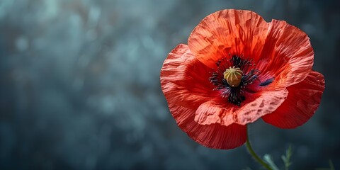 Symbolism of the red poppy flower on a black background for Anzac Day, Memorial Day, and Remembrance Day. Concept Remembrance Day, Memorial Day, Anzac Day, Red Poppy Flower, Symbolism