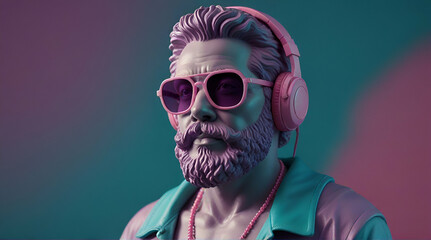 An antique bearded man statue wearing plastic violet sunglasses and pink headphones. The teal backdrop enhances the Vaporwave aesthetic .Generative AI
