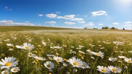 field of camomiles A gorgeous meadow in the springtime, bathed in sunlight. A vast, vibrant, natural panorama with a multitude of daisy wildflowers set against a clear blue sky. a softly selectively f