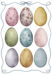 colorful Easter eggs collection in a frame isolated illustration watercolor