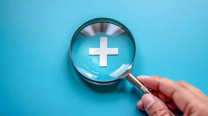 hand holding a magnifying glass, focusing on a white medical cross symbol against a blue background