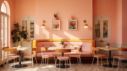 A charming caf?(C) setting with pastel peach walls and cozy seating