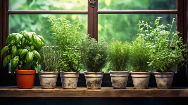  Fresh green herbal , basil, rosemary and coriander in pots place on a window frame , Generate AI