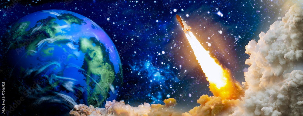 Wall mural rockets launch into space on the starry sky. spacecraft flies into space with clouds of smoke. eleme