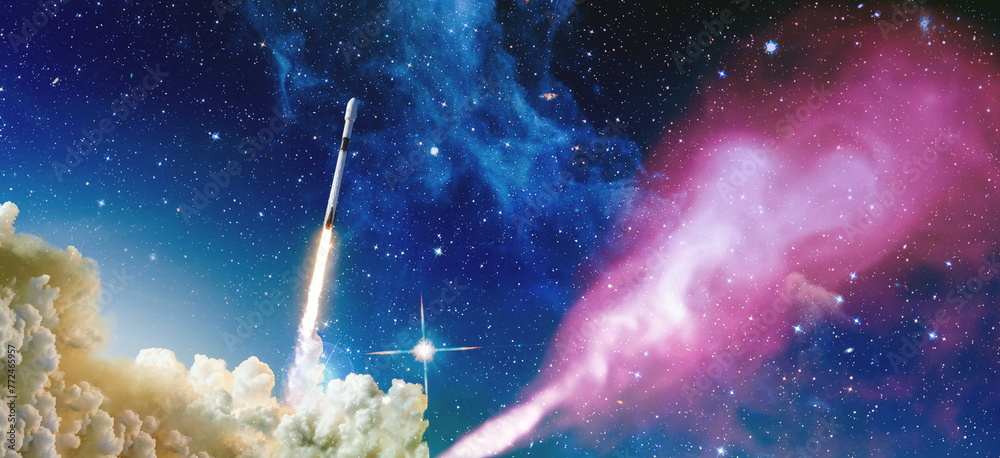 Wall mural rockets launch into space on the starry sky. spacecraft flies into space with clouds of smoke. eleme