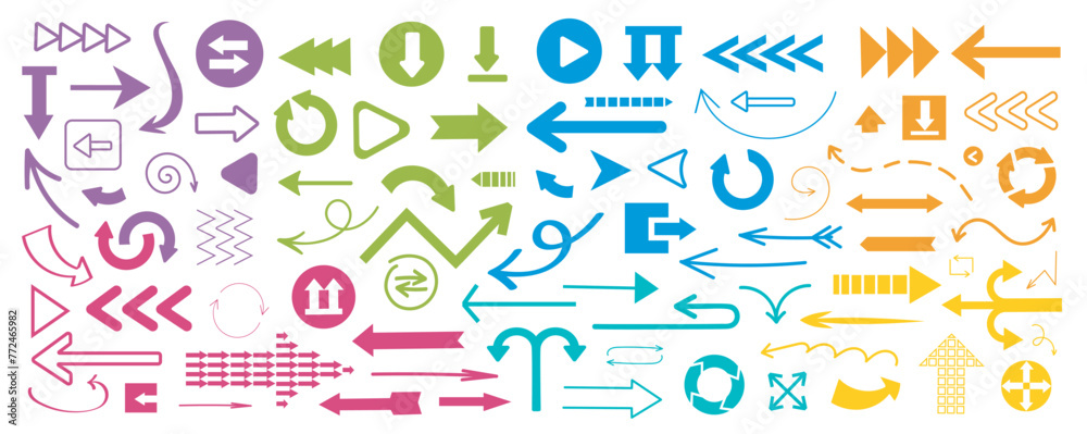 Poster arrows and pointers mega set in flat graphic design. collection elements of colors cursors, download