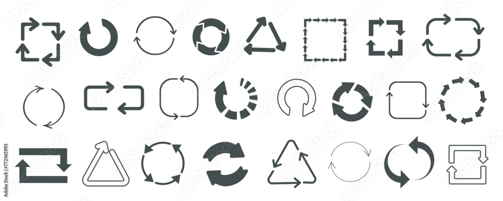 Aufkleber Loading symbols mega set in flat graphic design. Collection elements of different rotate arrows in circle, square or other. Turning, reusing, recycling, progress, rotation signs. Vector illustration.