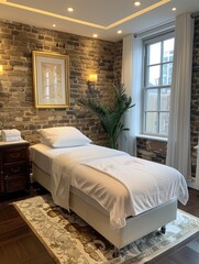 A bedroom featuring a brick wall and a white bed