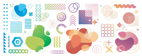 Abstract geometric symbols mega set in flat graphic design. Collection elements of Memphis geometry shapes, bright dynamic circles, blobs, dot grids, liquid wave blobs, others. Vector illustration.