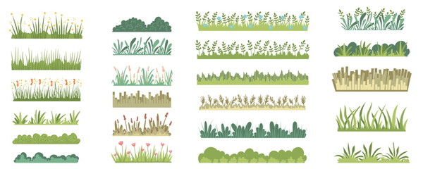 Green grass with flowers mega set in flat graphic design. Collection elements of meadow herbal horizontal layers with variative wildflowers, bushes and leaves for landscape. Vector illustration.