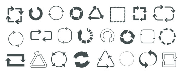 Loading symbols mega set in flat graphic design. Collection elements of different rotate arrows in circle, square or other. Turning, reusing, recycling, progress, rotation signs. Vector illustration. - obrazy, fototapety, plakaty
