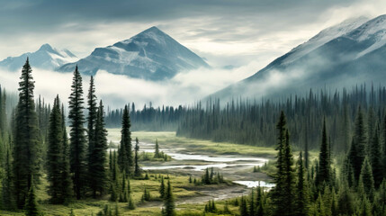 Panorama , Alberta wilderness near Banff , Mist rises over the forest in Banff National Park Alberta , Generate AI - obrazy, fototapety, plakaty