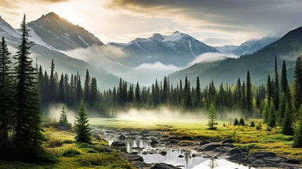 Panorama , Alberta wilderness near Banff , Mist rises over the forest in Banff National Park Alberta , Generate AI - obrazy, fototapety, plakaty