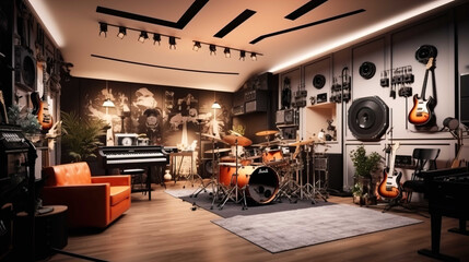  Spacious music studio complete with modern musical instruments, quiet room and bright lights, comfortable, equipped with soundproof walls , Generate AI - obrazy, fototapety, plakaty