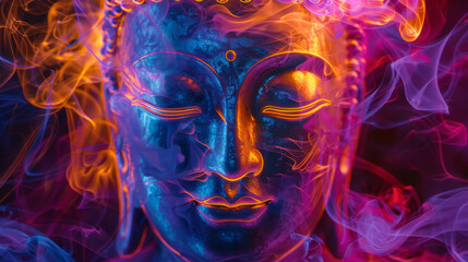 A Buddha statue with neon glowing face and smoke. The smoke gives the impression of a mystical and spiritual atmosphere