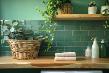 An organic modern laundry room interior in green color