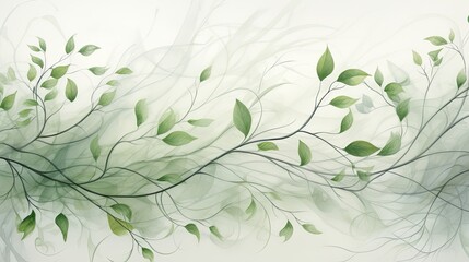 A network of delicate branches and leaves in calming shades of green, with subtle gradients and...