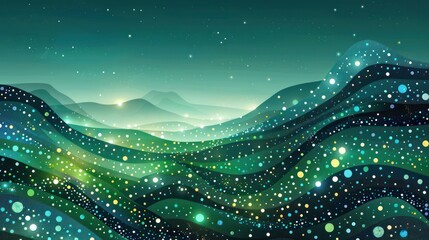 An enchanting digital artwork depicting undulating waves adorned with a myriad of glowing dots under a starry sky, evoking a sense of wonder - obrazy, fototapety, plakaty