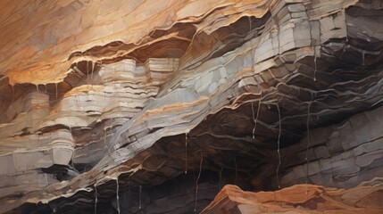 A rock formation with layers and textures in shades of brown and grey, creating a sense of...