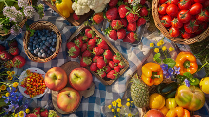 A picnic full of fresh fruits and vegetables, including apples, strawberries on blanket