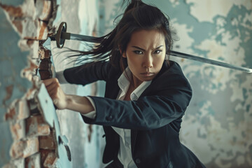 Naklejka premium A businesswoman in a suit is holding a sword destroying the concrete wall, woman empowerment and weapon of success concept.