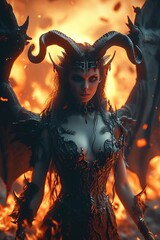 Naklejka premium demon woman with horns and wings in an atmosphere of fire, dark & explosive, charming character
