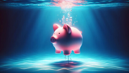 A captivating scene of a pink piggy bank gracefully submerged in crystal-clear water, conveying being deep in money trouble debt wallpaper background
