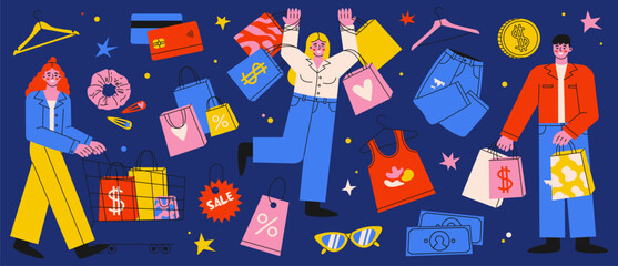 Colorful cartoon shopping concept set. Retro 90s style characters, shopping packages, discounts, clothes, coin, credit cards and cash isolated on dark blue background.