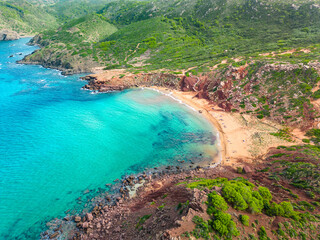 Aerial drone view of Cala del Pilar beach scenery of Menorca, near Ferreries - 772467701