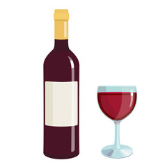 Vector set of red wine isolated on white background, illustration of glass and bottle with red wine, alcoholic drink in flat style, bar menu design