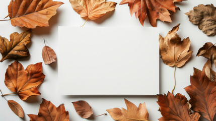 flat lay with orange leaves and white postcard with copy space - obrazy, fototapety, plakaty