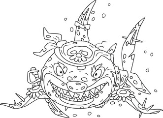 Ghastly great white shark pirate with a bandana of a sea robber and sharp sabers on its fins attacking from depths, black and white vector cartoon illustration for a coloring book