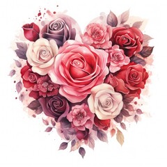 red and pink watercolor rose floral love shape luxury design on white background