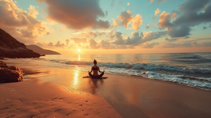 Obraz na płótnie Canvas A tranquil yoga session on a beach at sunrise, calm sea in the background. Resplendent.