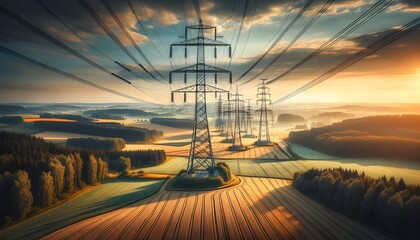 High Voltage Power Towers Stretching Across A Serene Rural Landscape - obrazy, fototapety, plakaty