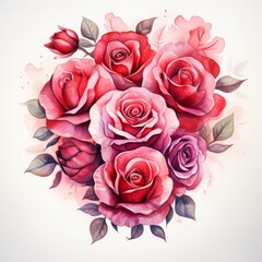 red and pink watercolor rose floral love shape luxury design on white background