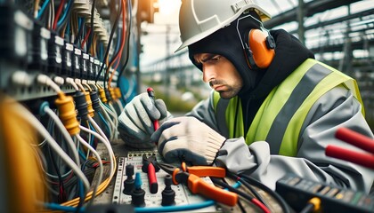 Technician In Protective Gear Is Deeply Engaged In The Work Of Repairing Electrical Cables