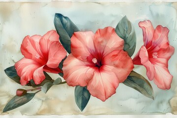 A delicate and detailed watercolor painting of vibrant hibiscus flowers with lush green leaves, presented on a vintage textured background, exuding a classic and romantic vibe