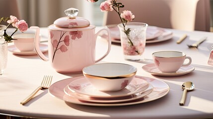 Pastel pink-colored tableware arranged for an elegant tea setting